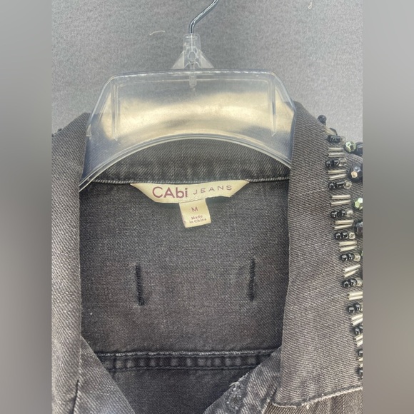 CAbi Jeans Black Distressed Jean Jacket with Beaded Collar Women’s Size Medium - Picture 13 of 16